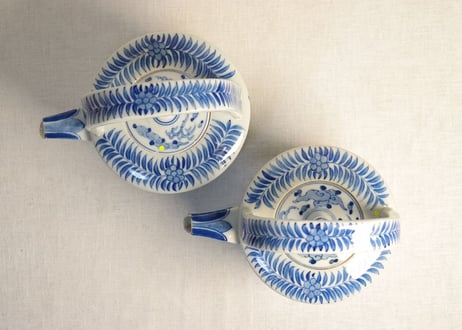 明治前期染付鳳凰図銚子 共箱付き,2ｐセット/ニュウ,蓋小ホツ複数