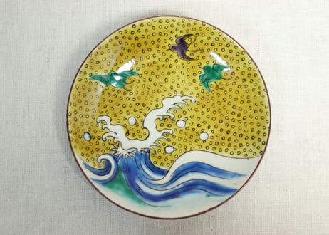 明治後期～大正九谷焼色絵波千鳥図5寸皿5客組　1客釉剥げ