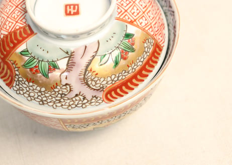 明治前期色絵桜に万年青図通り物飯茶碗①濃いめ