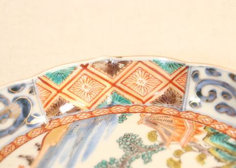 明治前期色絵山水図縁立六弁5寸皿