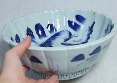 江戸幕末染付山水図輪花７寸鉢