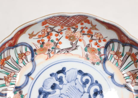 明治前期色絵梅に鶯と菖蒲図通り物なます皿