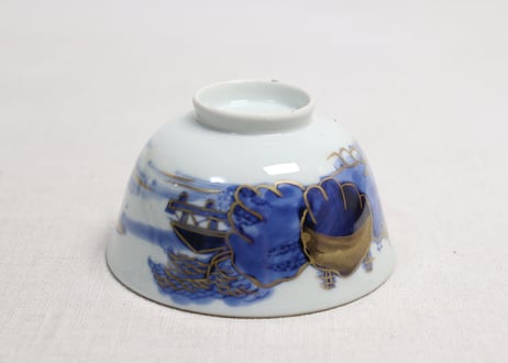 江戸幕末金彩染付山水図飯茶碗