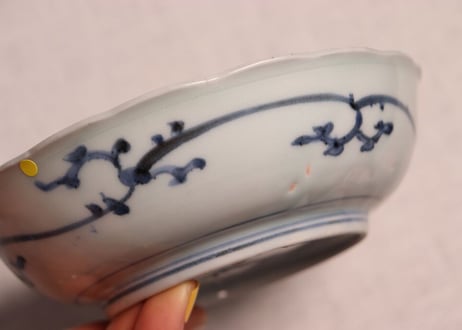 江戸中期染付四方に花唐草と竹図なます皿　小ホツ
