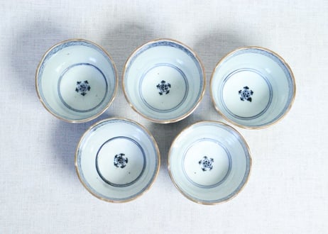 江戸後期色絵山水に丸文図猪口　5客組