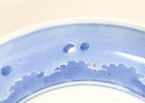 江戸中期染付桜と波に双鶴図6.5寸皿 甘手,釉切れ,フリモノ