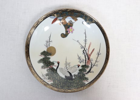 明治後期~大正九谷焼色絵松鶴図8寸皿