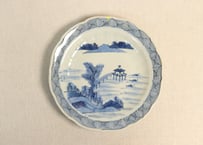 江戸幕末染付山水図幾何学文縁7寸皿②ムシクイ