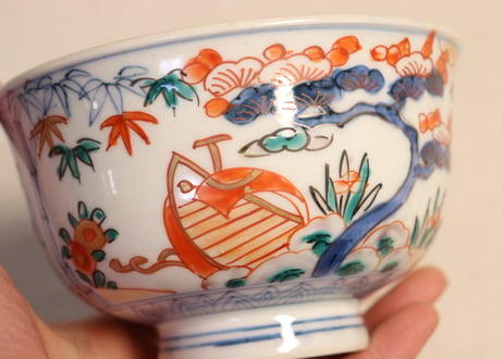 明治前期色絵花鳥に舟図飯茶碗　黒点