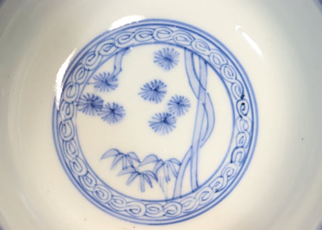 明治前期色絵芦に鳥と牡丹図通り物飯茶碗