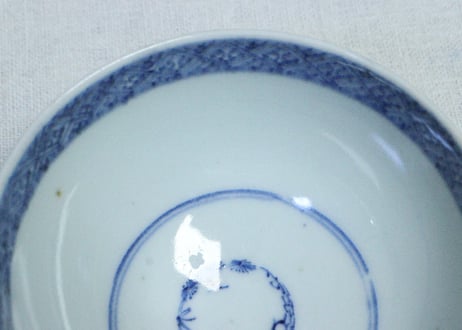 江戸幕末染付微塵唐草図蓋茶碗➁　高台ホツ,口縁少甘手,蓋ノミホツ