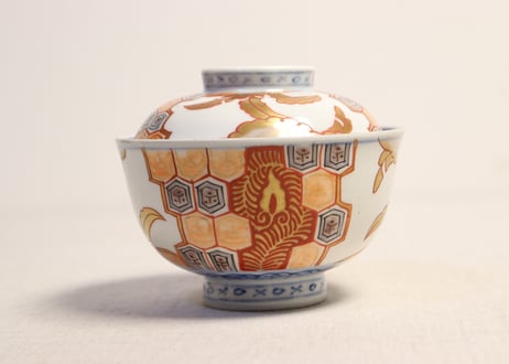 明治前期色絵芭蕉と亀甲図飯茶碗 釉剥げ