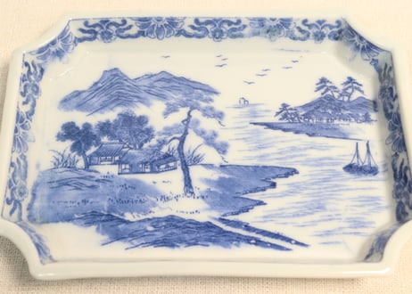 明治後期～大正銅判山水図長角皿② かたつき