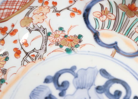 明治前期色絵梅に鶯と菖蒲図通り物なます皿