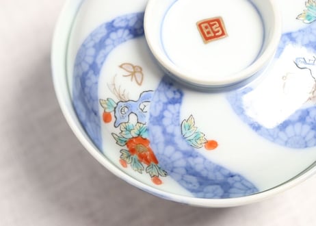 大正～昭和戦前色絵牡丹に捻子文蓋茶碗