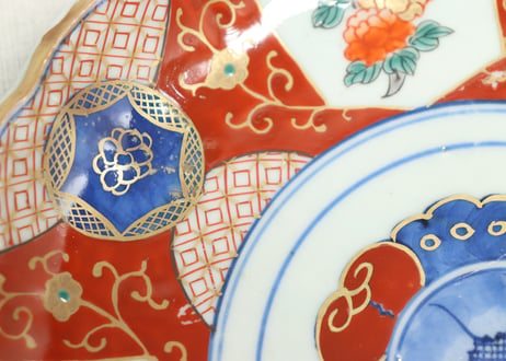 江戸幕末色絵牡丹と青玉図通り物7寸皿①