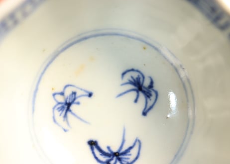 江戸幕末線描き三方に花図向付