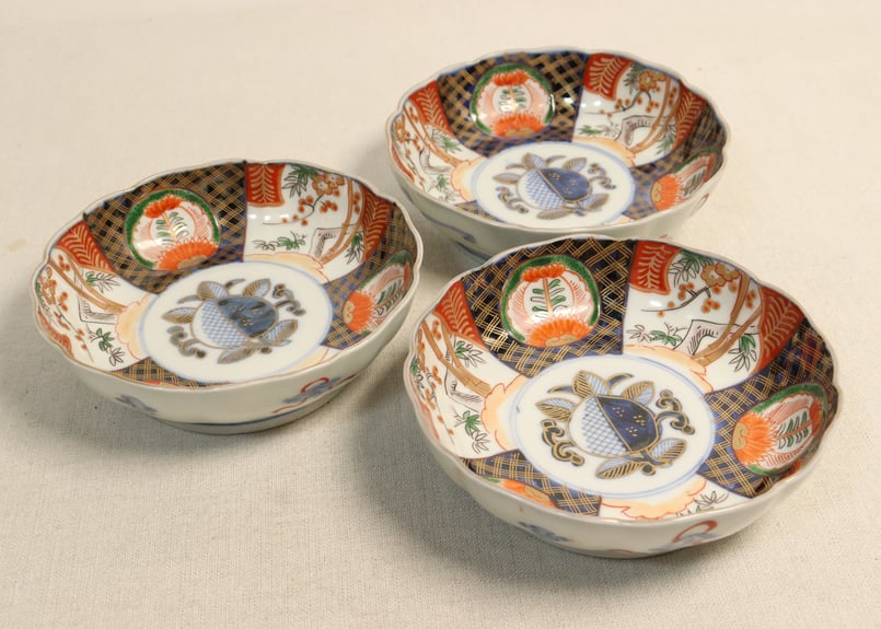 角皿 赤絵 色絵 金彩 松竹梅 4枚 唐草 明治前後 希少なアンティーク色絵なます皿 明治～大正時代製