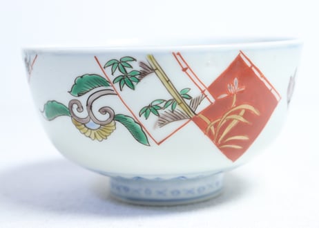明治前期色絵麒麟に花鳥図蒸茶碗  フリモノ