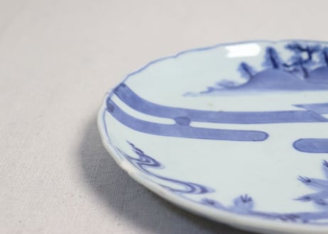 江戸中期染付帆掛け船に松図6寸皿 ホツ