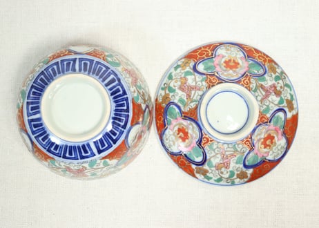 明治後期～大正色絵プリント花と唐子図蒸茶碗