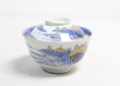 江戸幕末金彩染付山水図飯茶碗