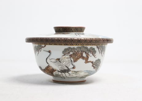 明治前期九谷焼色絵松鶴図通り物蒸茶碗