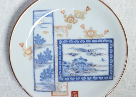 明治後期～大正銅判色絵山水と若松図5寸皿