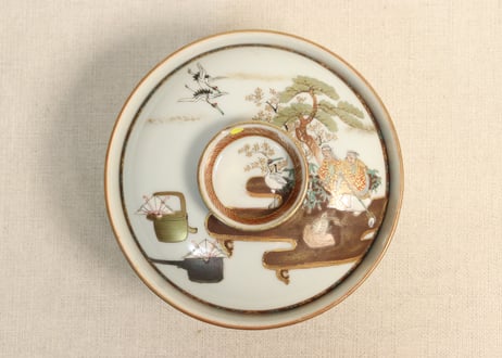 明治前期九谷焼色絵高砂図飯茶碗②蓋ノミホツ,高台ホツ