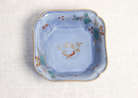 江戸中期瑠璃釉色絵人参と草花図角なます皿５客組 １客あたり傷