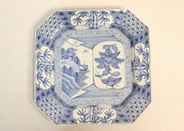 江戸幕末線描き山水と牡丹図角皿　ムシクイ,ノミホツ