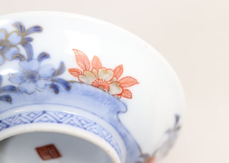 明治前期色絵三方桜図蓋茶碗