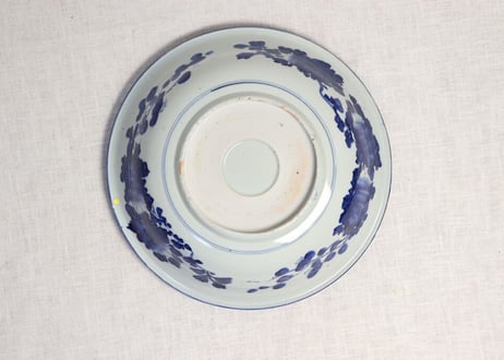 明治前期ベロ藍丸窓に草花図8寸鉢 ノミホツ