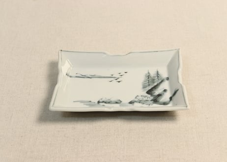 大正~昭和戦前ゴム判山水図長角皿