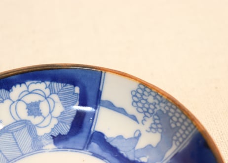 明治後期~大正銅判牡丹と樹木人物図小皿