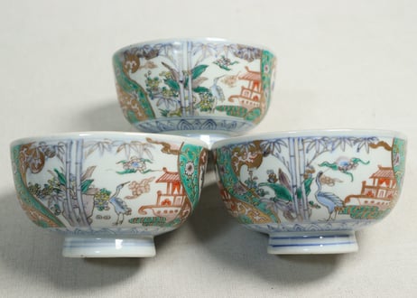 明治前期色絵鶴と松竹梅図通り物蒸茶碗