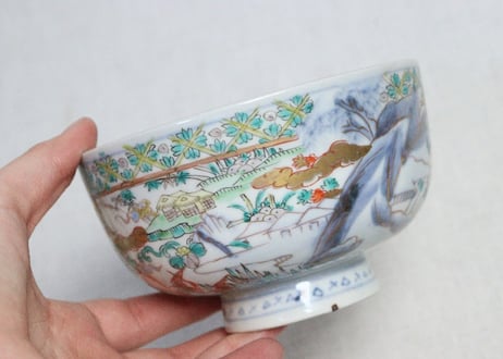 明治前期色絵山水と花鳥図蒸茶碗