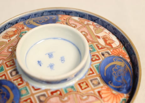 明治前期色絵梅と人物と青玉図蒸茶碗 5客組