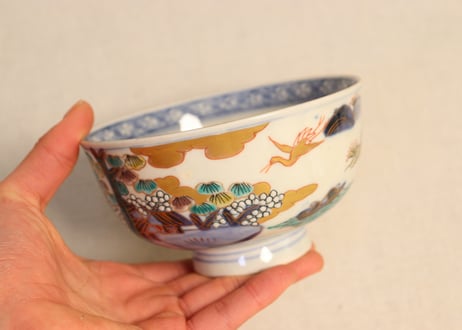 明治前期色絵山水図通り物飯茶碗② 少甘手