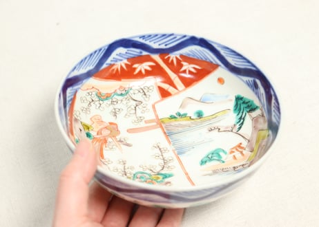 明治前期色絵山水と花鳥図割絵5寸鉢