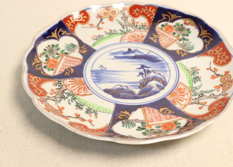 明治前期色絵山水と菊図7寸皿