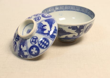 明治後期～大正銅判丸と山水人物図蓋茶碗
