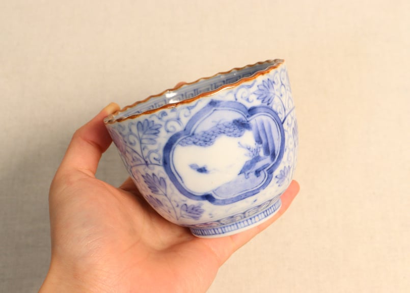 明治前期染付三方に山水窓絵と萩唐草図イゲ縁通り物向付
