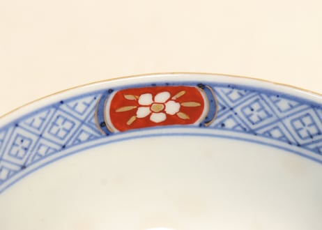 明治前期色絵松竹梅に福寿文字図蒸茶碗 シミあり
