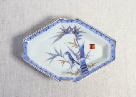 小皿 3枚 梅文様 花弁縁 染付 色絵付 茶縁 南州 明治 大正