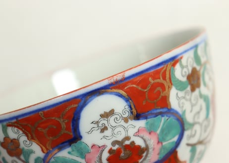 明治後期～大正色絵プリント花と唐子図蒸茶碗