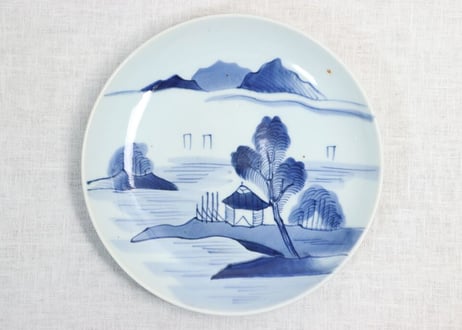 江戸幕末染付山水図9寸皿
