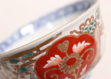 明治前期色絵松竹梅に鶴亀図通り物飯茶碗①