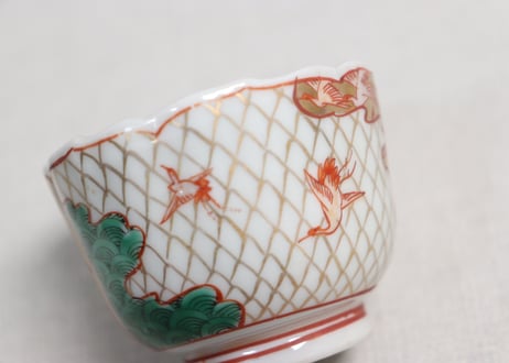 明治前期色絵網手に鶴と梅に鶯図通り物小向付