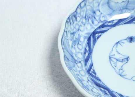 江戸幕末染付線描き牡丹図なます皿